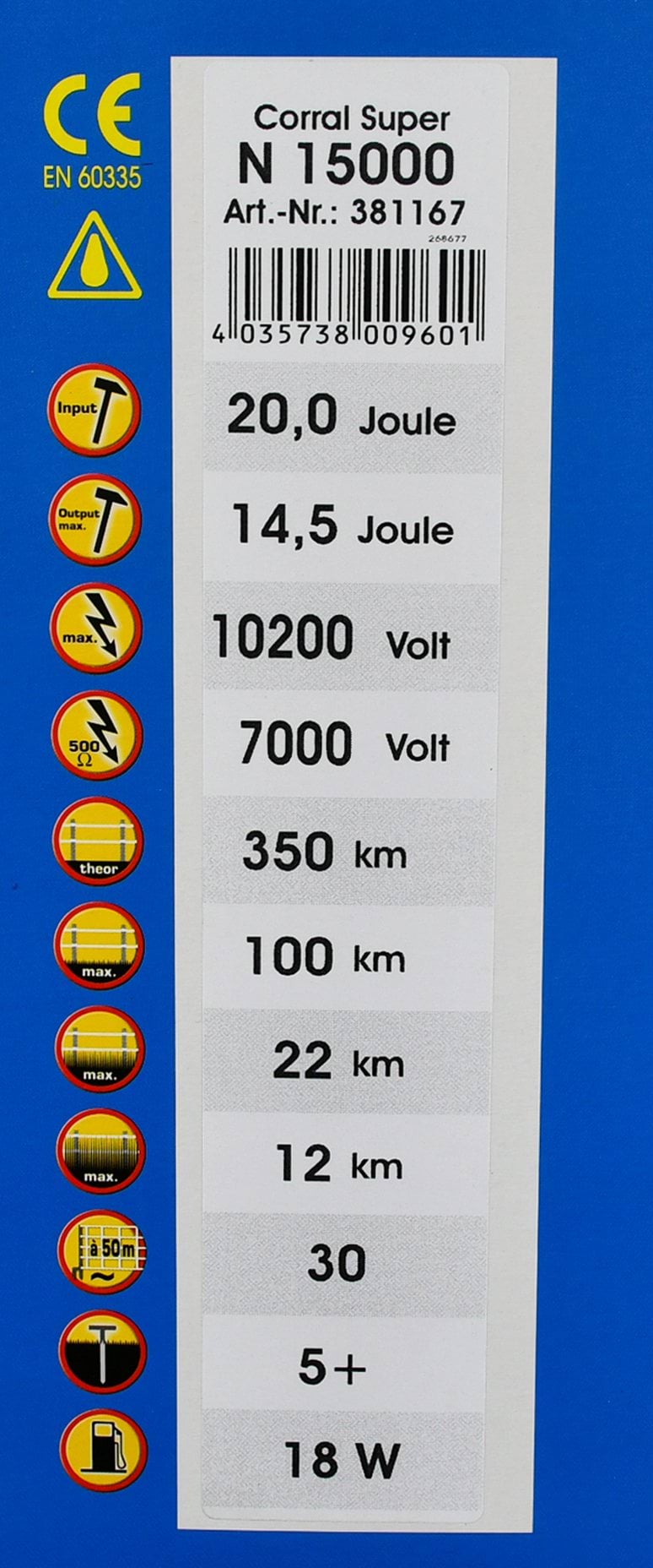 Kerbl elektryzator sieciowy Corral N 15000, na dziki, dla koni, byków, bydła, owiec i kóz, 20,0 J