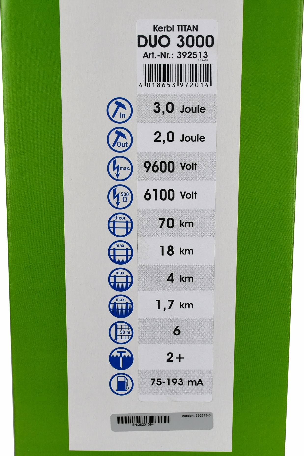 Kerbl elektryzator uniwersalny TITAN DUO 3000, dla koni, bydła, owiec i kóz, 3,0 J