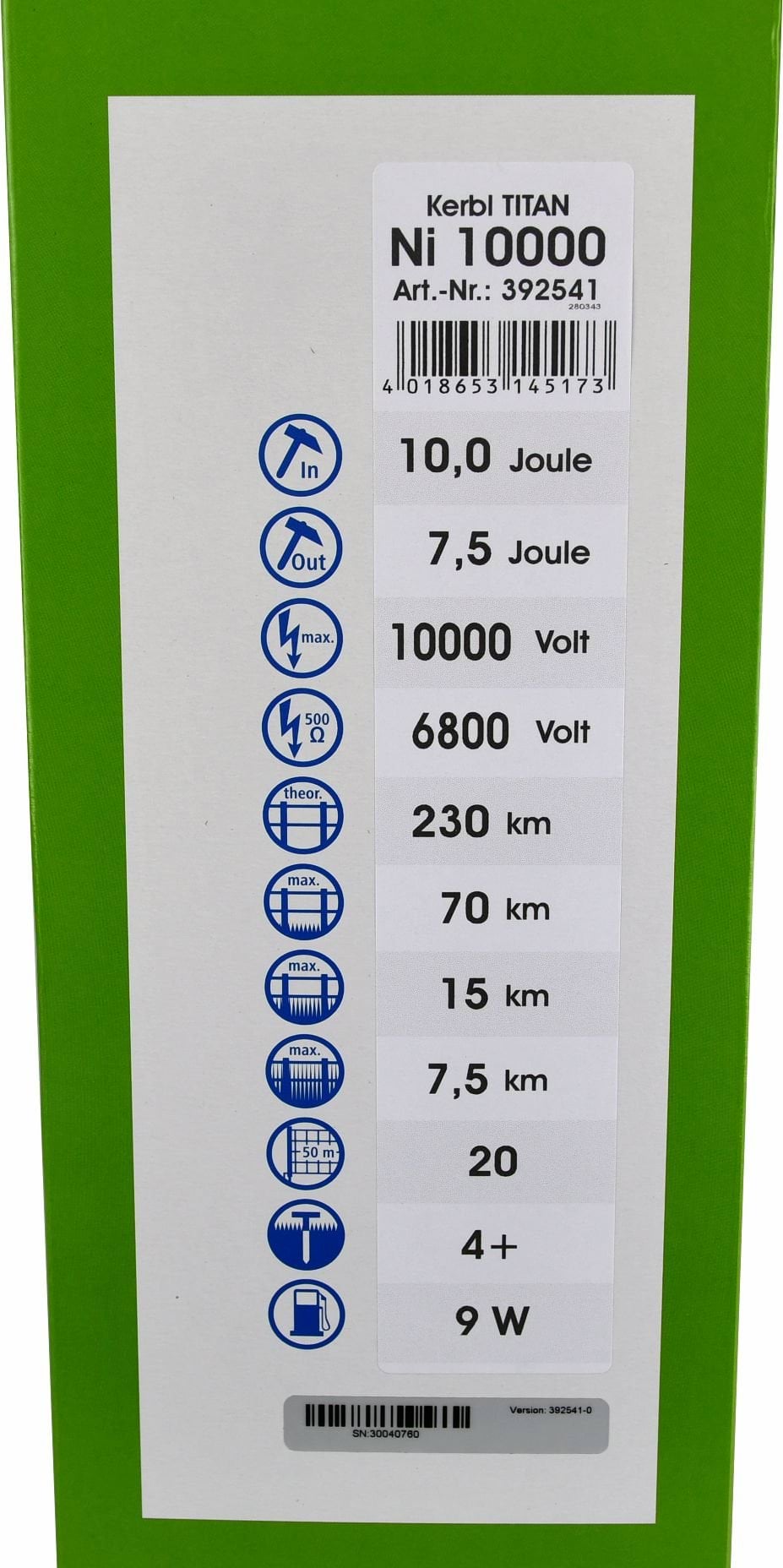 Kerbl elektryzator sieciowy TITAN Ni 10000, na dziki, dla koni, byków, bydła, owiec i kóz, 10,0 J