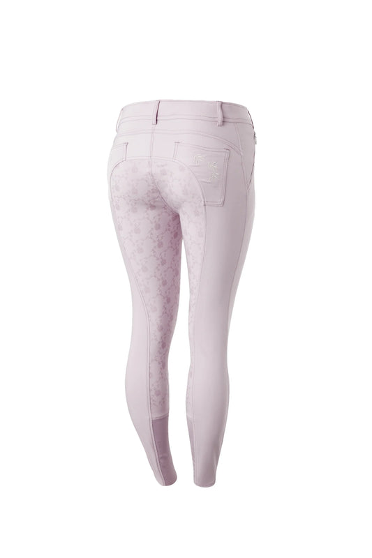 Horze Kaitlin damaskie bryczesy z pełnym lejem i ozdobnym motywem kwiatowym, różowe