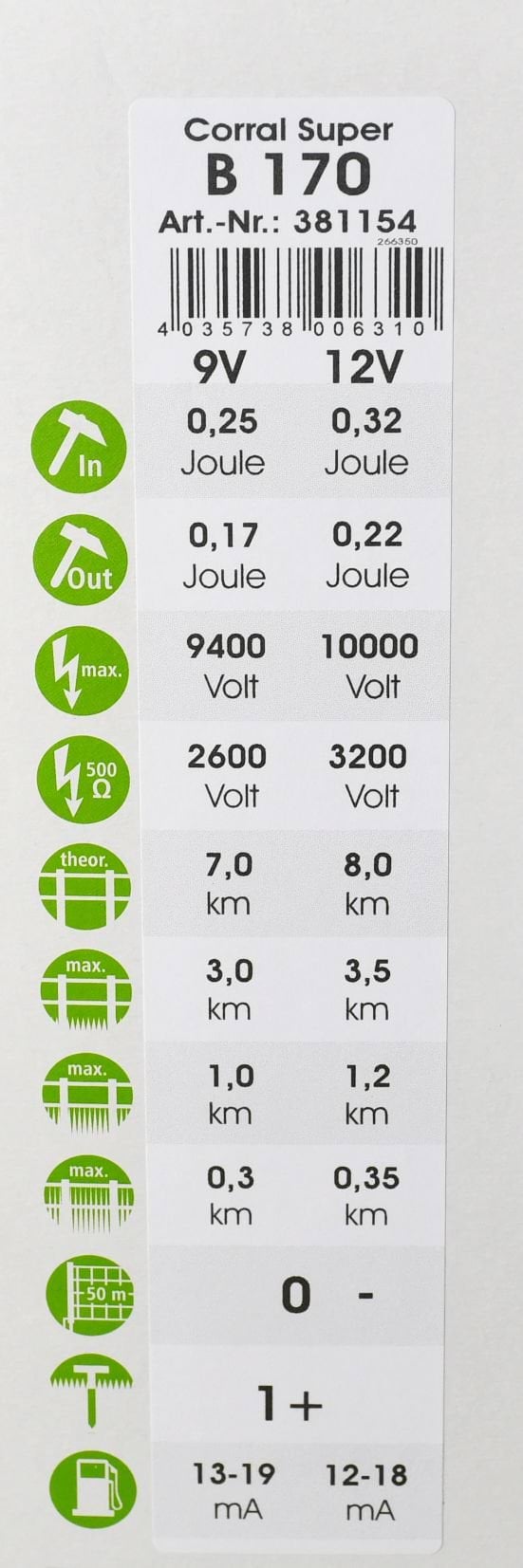 Kerbl elektryzator bateryjny Corral B 170, dla koni, bydła i małych zwierząt, 0,25 J