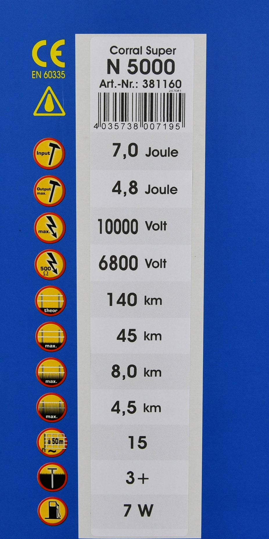 Kerbl elektryzator sieciowy Corral N 5000, na dziki, dla koni, byków, bydła, owiec i kóz, 7,0 J