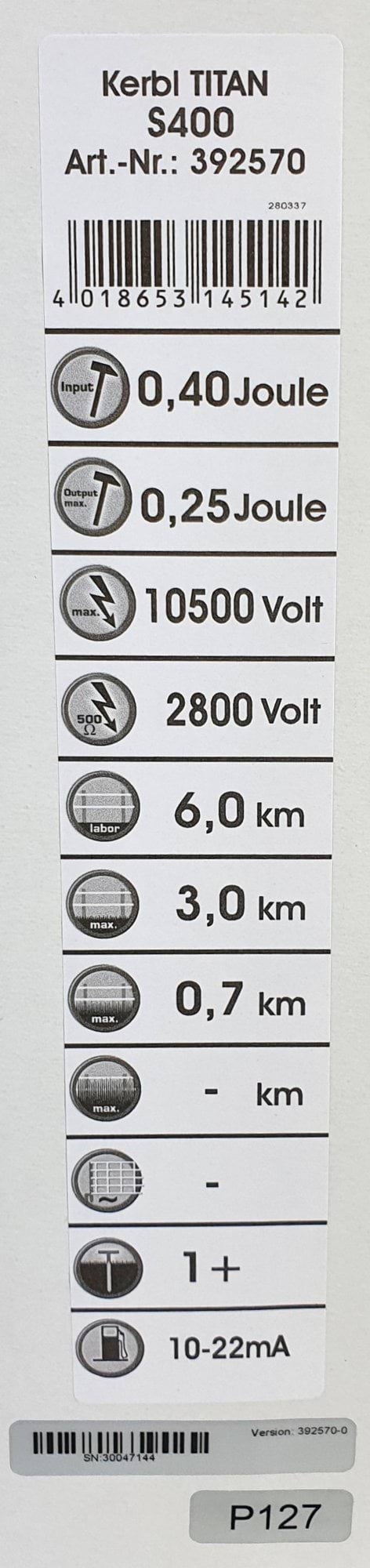 Kerbl elektryzator solarny TITAN S 400, dla koni, bydła i małych zwierząt, 0,40 J