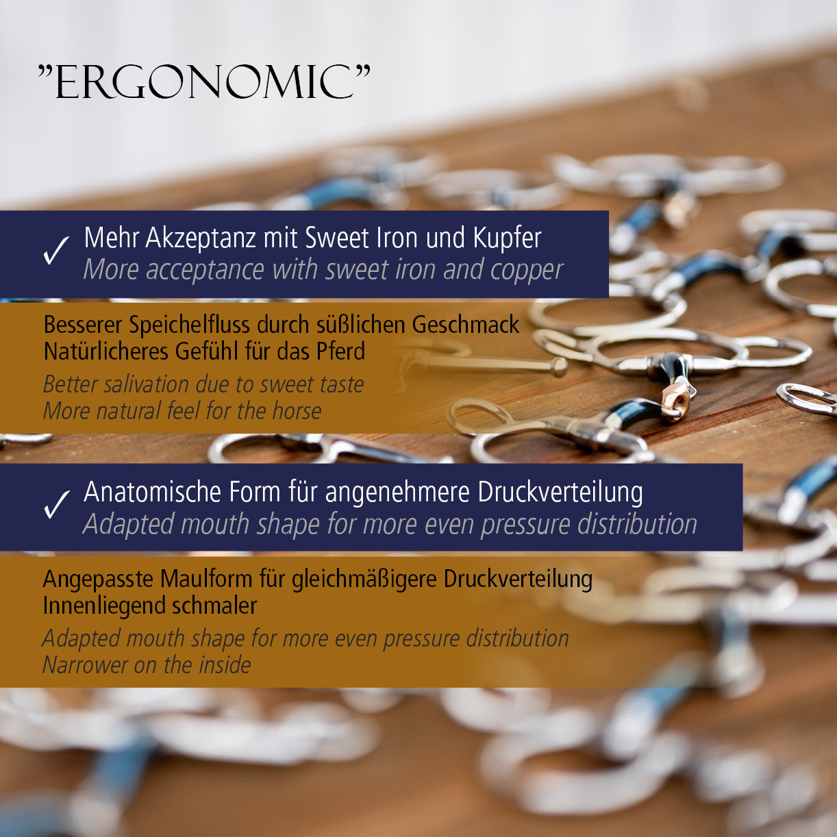 Kavalkade wędzidło z wąsami ze słodkiej miedzi podwójnie łamane "Ergonomic Lock-up" 14 mm 24h